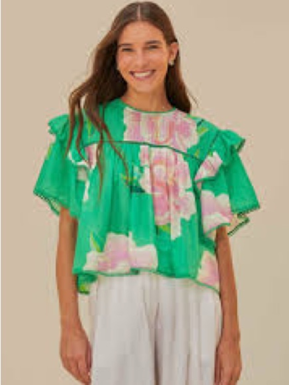 FARM Rio Floral Vibing Cotton Top Green Floral Ruffle Blouse Size S